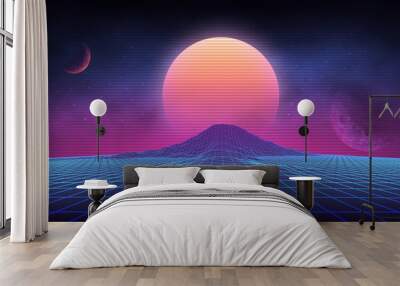 Futuristic retro landscape of the 80`s. Vector futuristic illustration of sun with mountains in retro style. Digital Retro Cyber Surface. Suitable for design in the style of the 1980`s. Wall mural